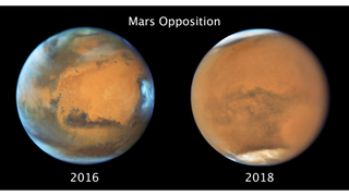 Two images of Mats, demonstrating how the recent dust storm has enshrouded the planet